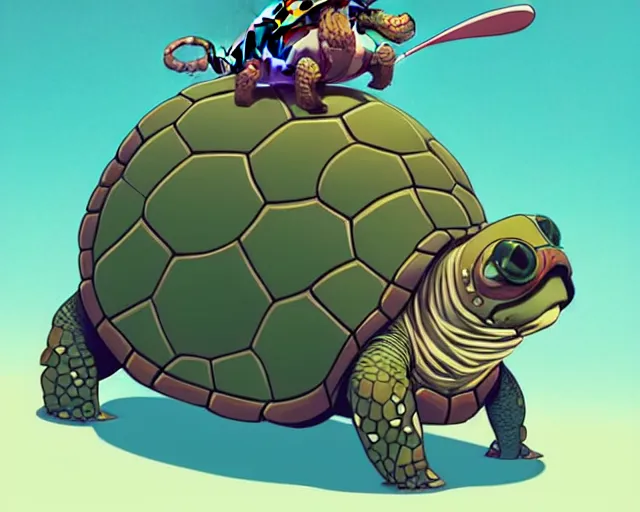Image similar to cell shaded cartoon of an adorable turtle with a bulldog's head wearing goggles, concept art by josan gonzales and wlop, by james jean, victo ngai, david rubin, mike mignola, deviantart, art by artgem