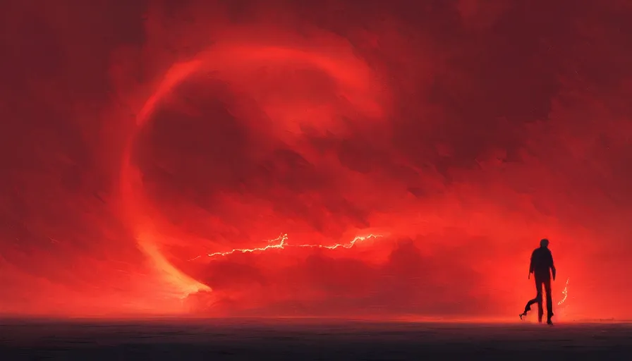 Prompt: silhouette of tiny man walking away from camera, circular, orb, tornado, very wide angle, low horizon, seen from behind, symmetry, dramatic, red, fire, ( land ), by greg rutkowski, artstation