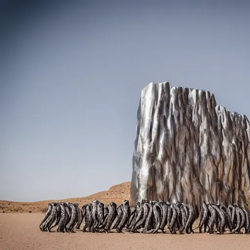 Image similar to Contamporary art fashion photography of ultra mega super hyper realistic detailed group of monkey's in suits standing around very highly detailed stainless steel monolith situated in the desert. Photo shot on ultra mega super hyper Leica Camera