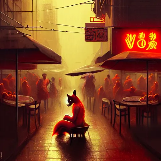 Image similar to splash art of anthropomorphic female vulpes vulpes fulva woman sitting at a noodle stand eating noodles in the crowded street of a cyberpunk city, rain, harsh neon lighting, realistic, ultra detailed, by greg rutkowski, wlop, sakimichan, artgerm