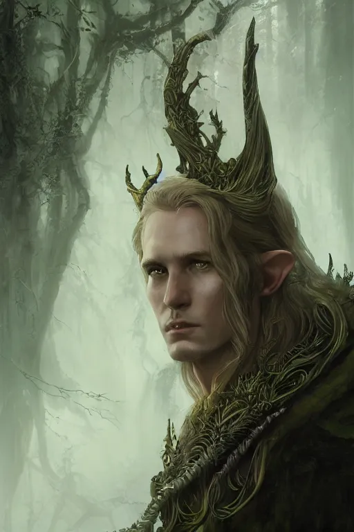 Image similar to portrait, one elven King of the eternal forrest, Single face, dramatic lighting, cinematic, establishing shot, extremly high detail, photo realistic, cinematic lighting, post processed, concept art, artstation, matte painting, style by eddie mendoza, raphael lacoste, alex ross
