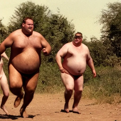 Image similar to mini - dv still of a fat, caucasian man in a swimsuit chasing african tribesmen