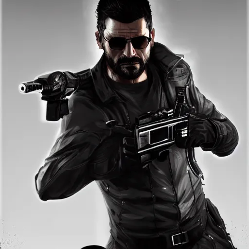 Image similar to Adam Jensen from Deus Ex as a GTA character, by Cedric Peyravernay, highly detailed, hyperrealism, excellent composition, cinematic concept art, dramatic lighting, trending on ArtStation