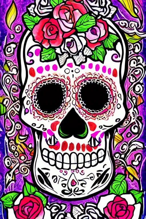 Prompt: Illustration of a sugar skull day of the dead girl, art by Erin Hanson