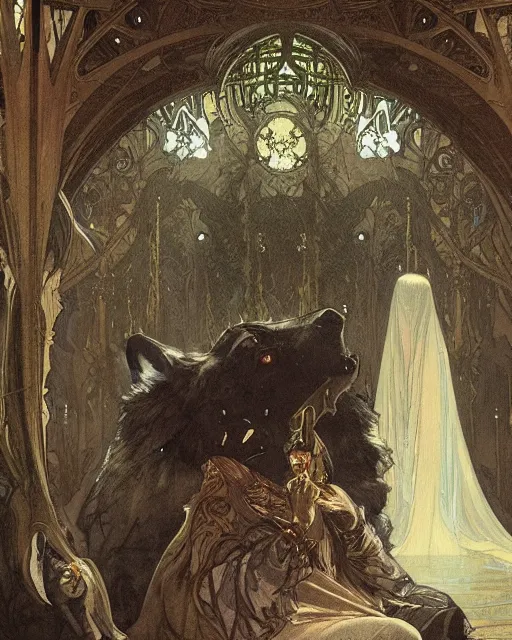 Prompt: inside the king's hall wolves and their treasures, ethereal, ominous, misty, 8 k, by alphonse mucha and greg rutkowski