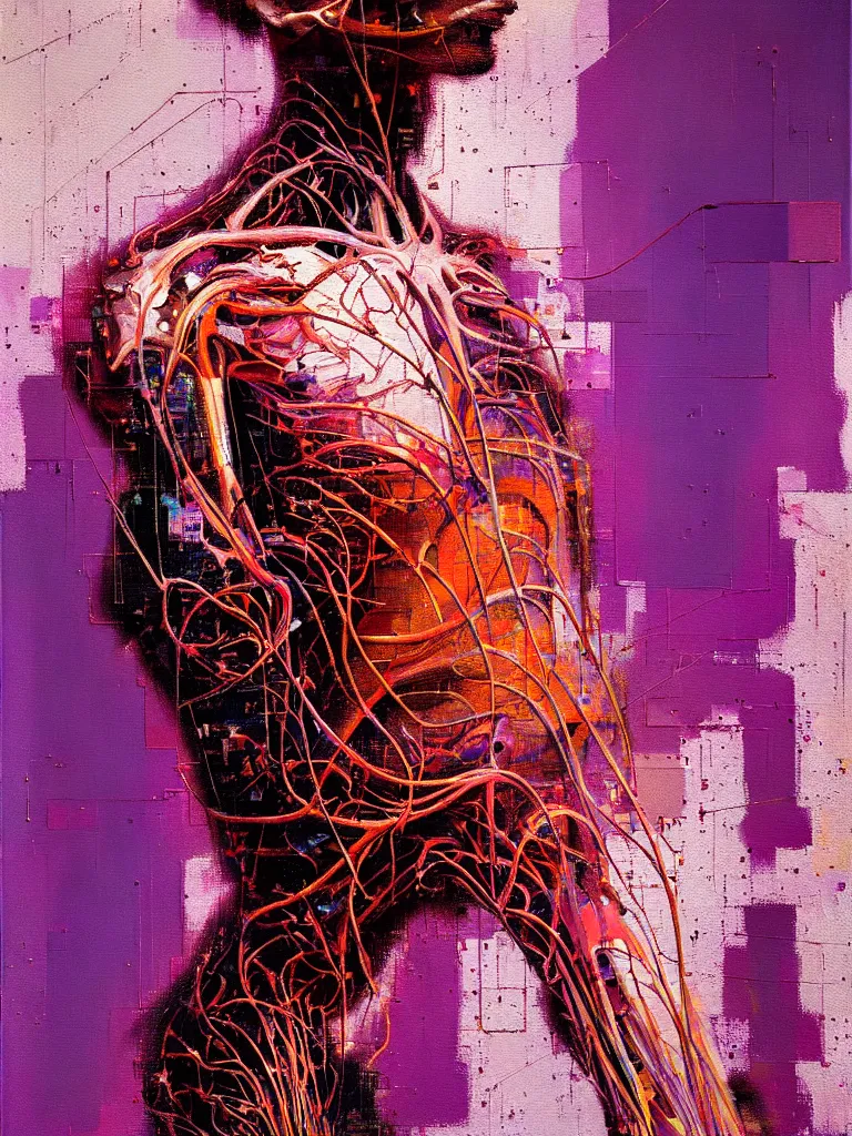 Image similar to a beautiful glitched painting by robert proch of an anatomy study of the human nervous system, color bleeding, pixel sorting, copper oxide and rust materials, brushstrokes by jeremy mann, cold top lighting, pastel purple background