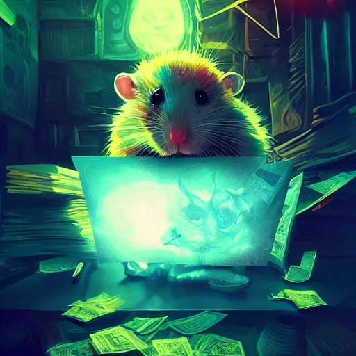 Image similar to very scared hamster, dollars on background, digital illustration portrait design, by android jones and greg rutkowski, retrowave color scheme, detailed, cinematic lighting, wide angle action dynamic portrait