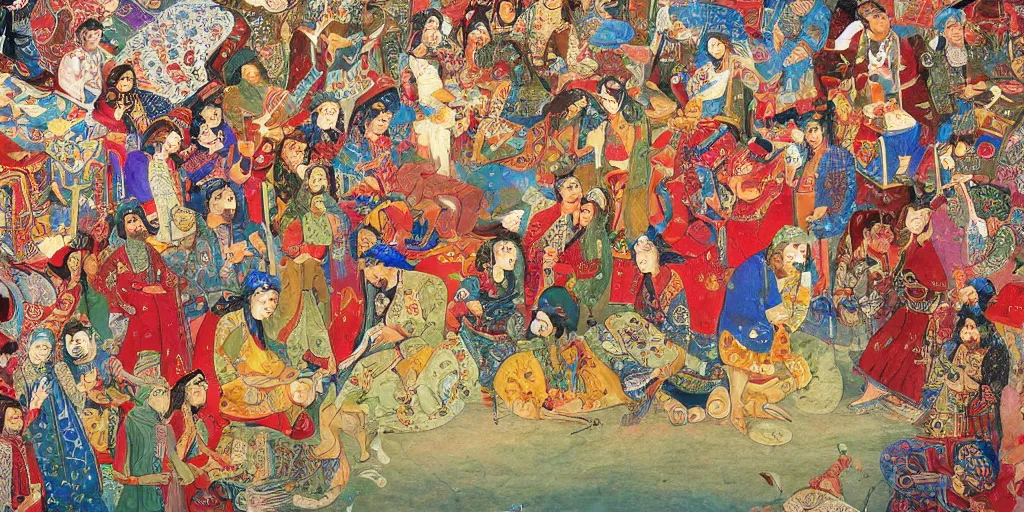 Image similar to persian folklore painting, modern, hd, clear, sharp focus, highly detailed