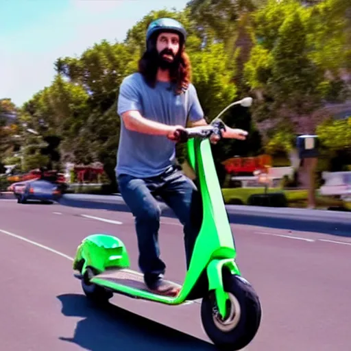 Prompt: photo of jesus riding a scooter in california, high detail, cinematic,