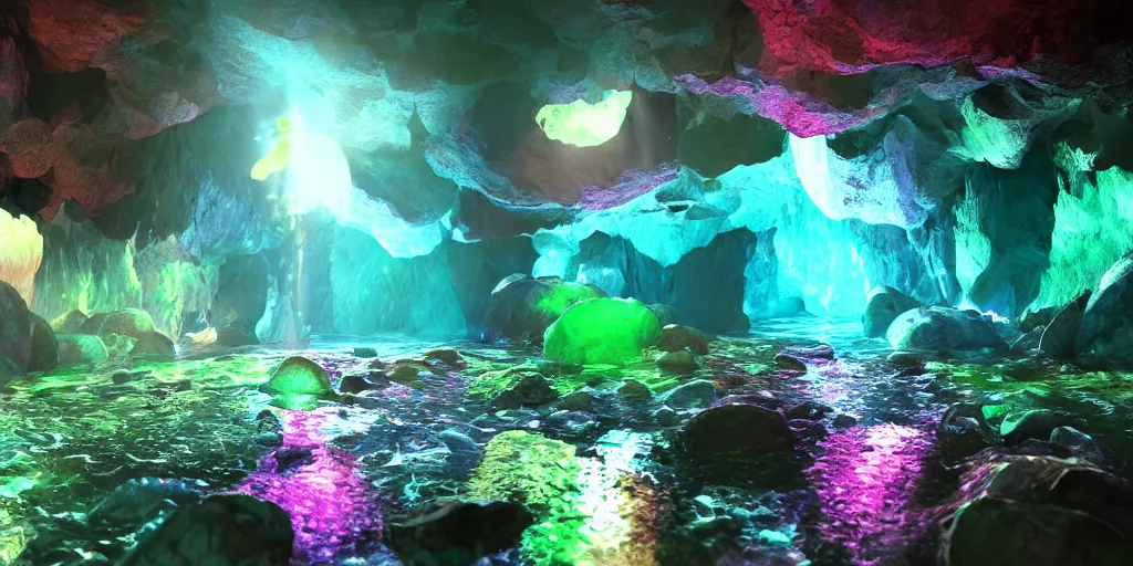 Image similar to mystical cavern underground, crystal, vivid, water, puddles, rocky, minerals, volumetric lighting