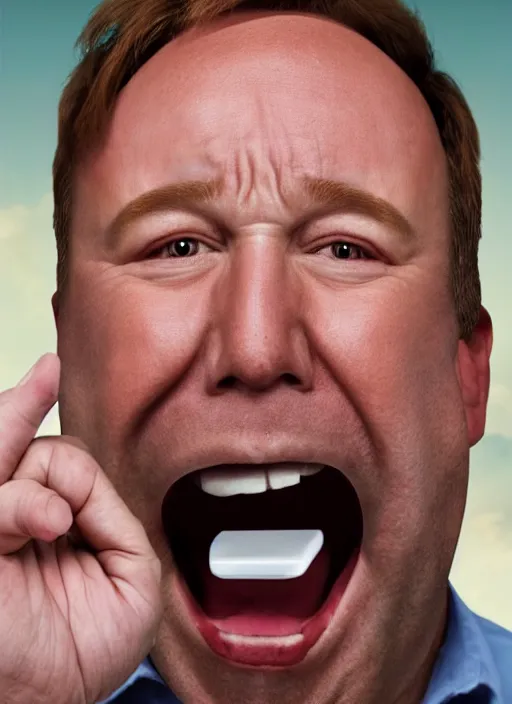 Prompt: A hyper realistic ultra realistic photograph of Alex Jones screaming with milk coming out of his eyes by Brandon Hughes , detailed, photorealistic imagery, 8k quality