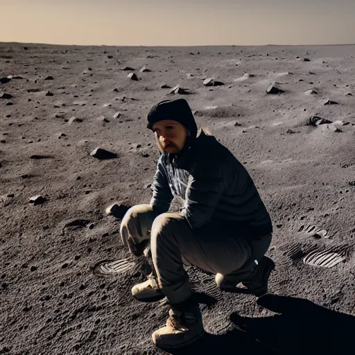 Image similar to an slav squatting on the surface of the moon, 🌕, canon eos r 3, f / 1. 4, iso 2 0 0, 1 / 1 6 0 s, 8 k, raw, unedited, symmetrical balance, wide angle