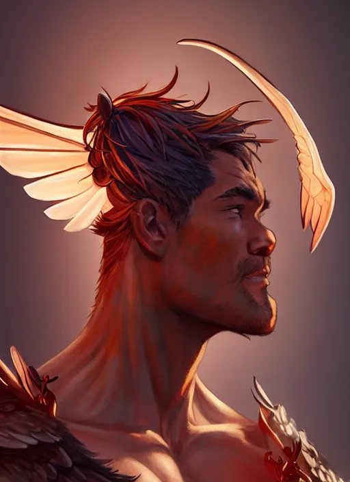 Image similar to character art by wlop, steve henderson, and j scott campbell, gooseman, male hero, goose head, wings, 4 k, arstation, trending, high quality, very detailed, digital