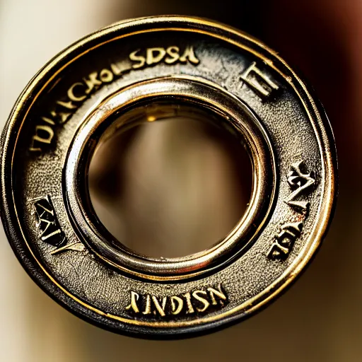 Prompt: closeup shot of replica lotr one ring, ( eos 5 ds r, iso 1 0 0, f / 8, 1 / 1 2 5, 8 4 mm, postprocessed, crisp face, facial features )