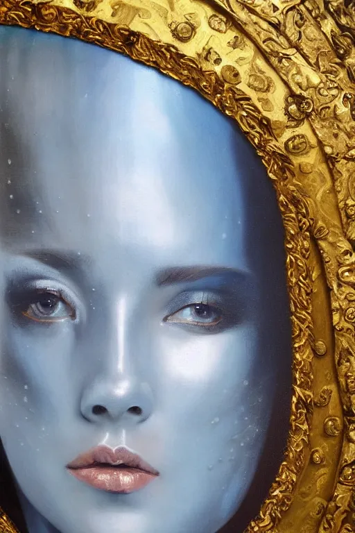 Image similar to hyperrealism oil painting, close - up portrait of caucasian medieval fashion model, knight, steel gradient mixed with nebula sky, in style of baroque mixed with 7 0 s japan book art