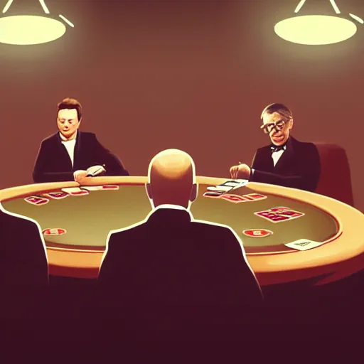 Image similar to UHD photorealistic Elon Musk playing poker with Satoshi Nakamoto, Klaus Schwab, and Bill Gates, in the style of tonalism by Greg Rutkowski, trending on Artstation, hyperrealistic, correct details, symmetrical faces