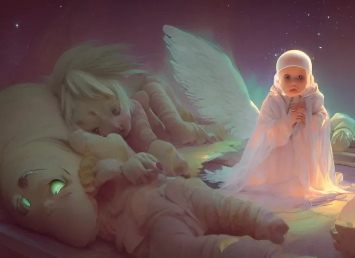 Image similar to angel baby cherub, wearing a balaclava, ski mask face, covered face, face covered, role in a musical sci - fi space opera ghibli animated film, volumetric lighting, octane render by stanley artgerm lau, greg rutkowski, thomas kindkade, alphonse mucha, loish, norman rockwel,