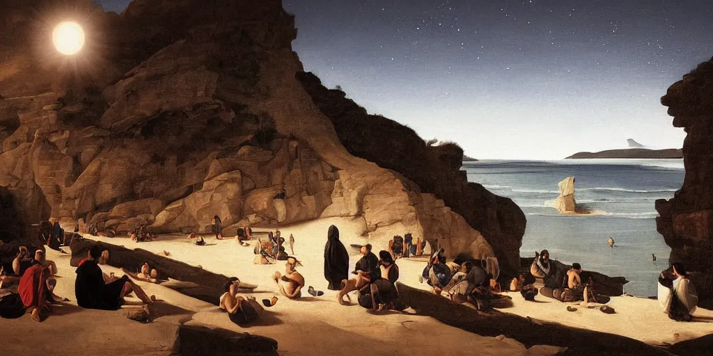 Image similar to beautiful oil matte portrait painting, people watching the stars at a portuguese cliff beach, wonderful masterpiece highly detailed, beautiful cinematic light deep focus, elegant, digital painting, smooth, sharp focus, golden ratio, dramatic illumination, ultra realistic, 8 k, art by artemisia lomi gentileschi and caravaggio