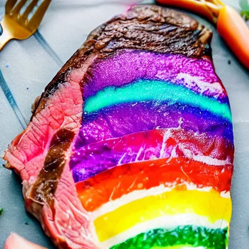 Prompt: a prime unicorn steak. rainbow colored meat with glittery marbling