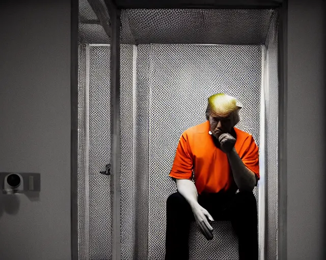 Image similar to Medium Shot Donald Trumps wearing orange pajamas kissing an eagle while sitting in a jail cell in solitary confinement in a maximum security prison, octane, dramatic lighting, editorial photo, 35mm, very detailed