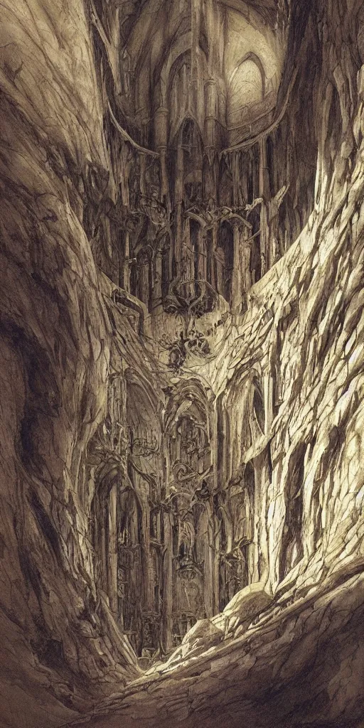 Prompt: Artwork by John Howe of the cinematic view of the Sanctuary of the Executioner.