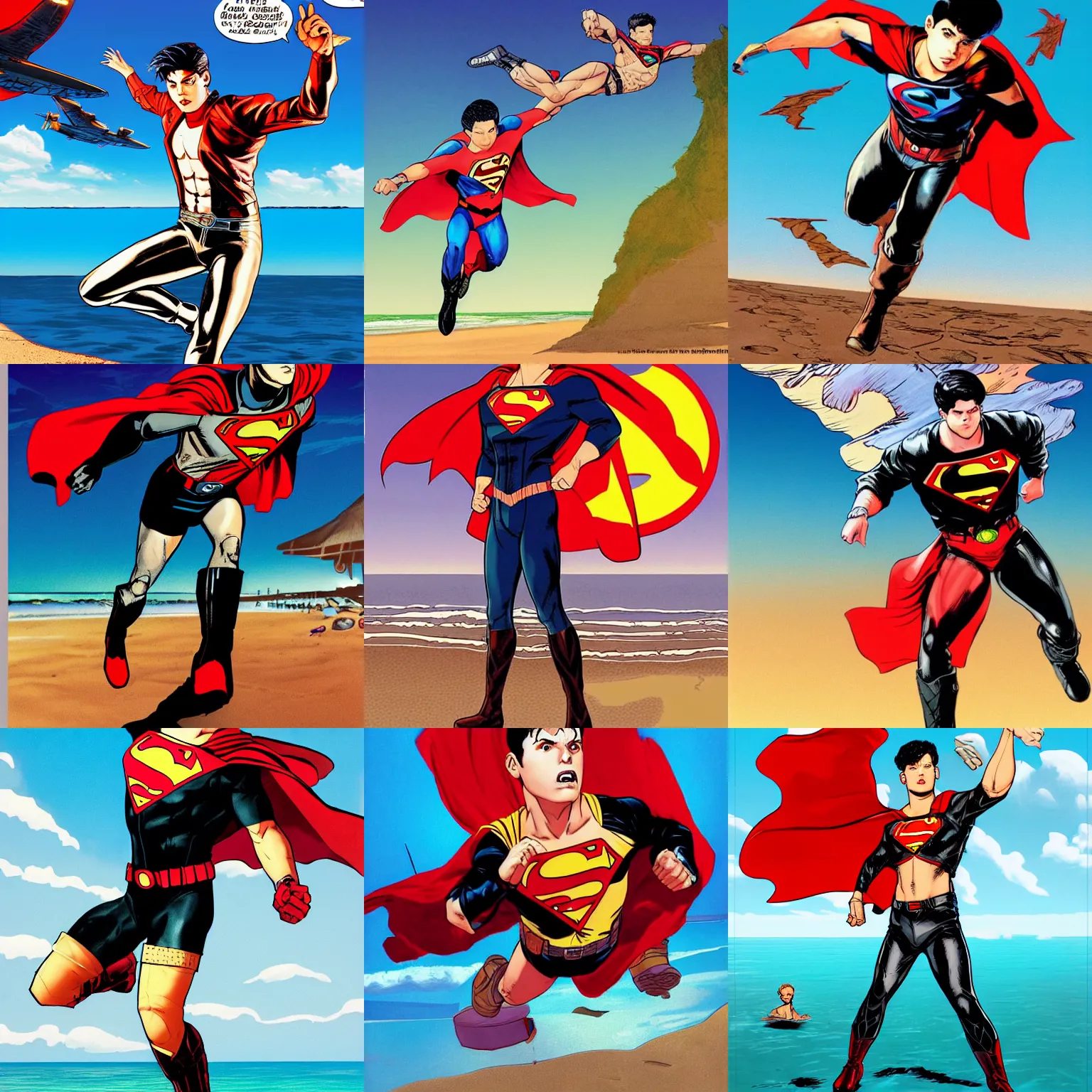 Prompt: full body view of 1990's superboy flying above a beach. Fade hair, black boots, leather jacket, style digital painting, inked, comicbook art, smooth, sharp focus, illustration, from Metal Gear, by Alex Ross