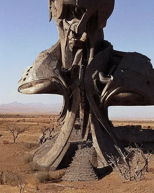 Image similar to strange cyberpunk pagan giant monument in the middle of the desert by dali and bosch and moebius