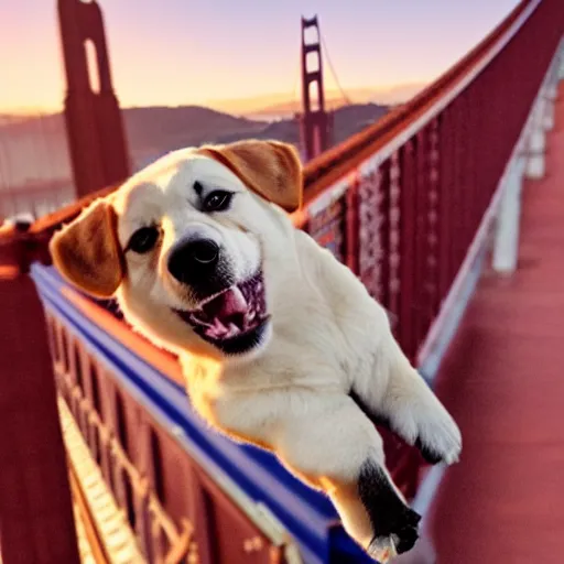 Image similar to insanely cute cuddling dog on golden gate bridge in pixar remake golden hour