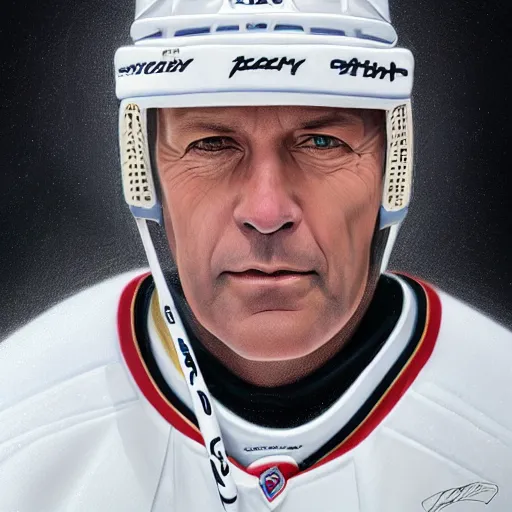 Image similar to beautiful portrait of hockey coach Clint Malarchuk, fantasy, intricate, elegant, highly detailed, digital painting, artstation, concept art, smooth, sharp focus, luxury fashion illustration, art by artgerm and greg rutkowski and alphonse mucha, brightly lit cinematic soft lighting, photorealistic