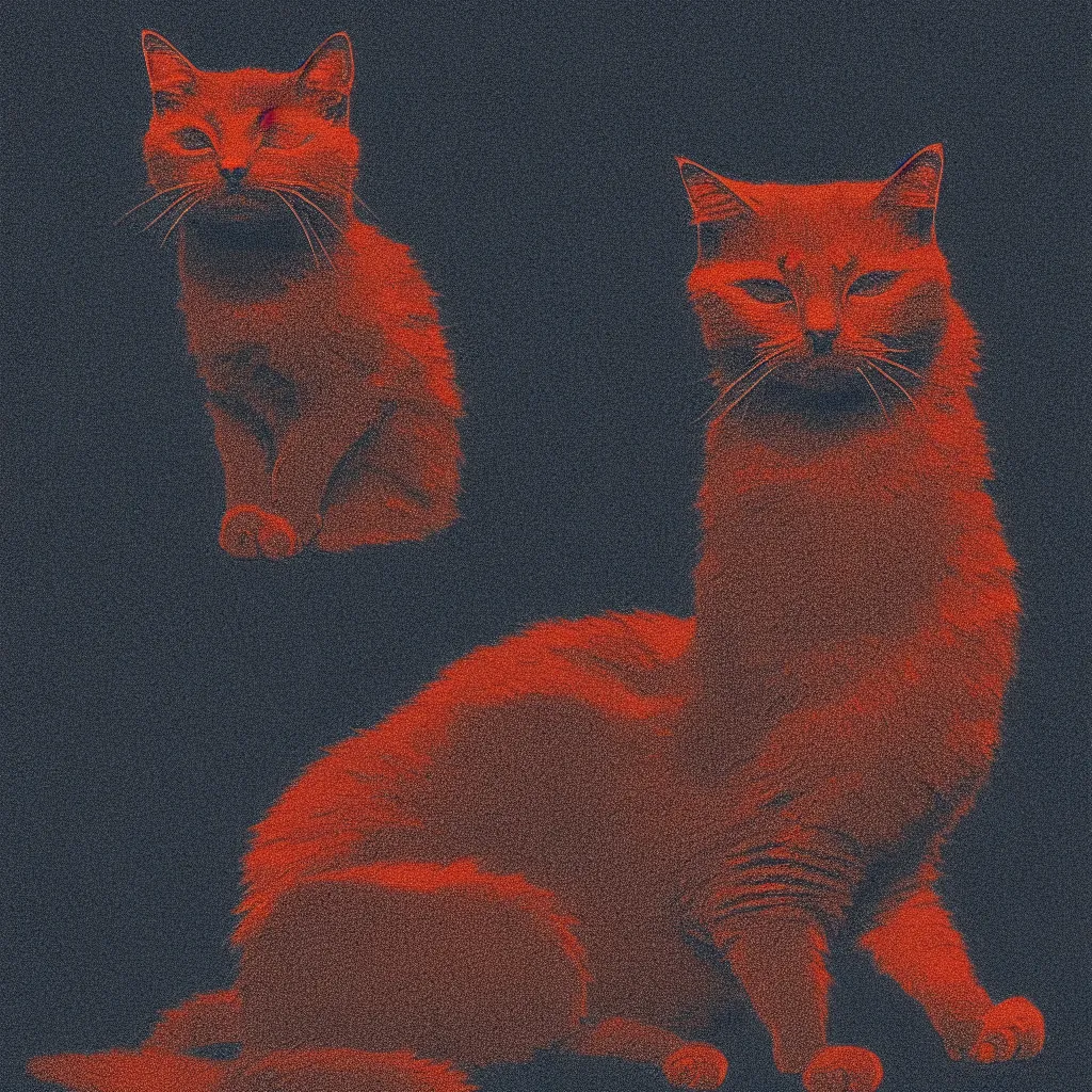 Prompt: sarcastic cat meme by, mads berg, karolis strautniekas, film noir, stippled light, dramatic lighting, editorial illustration, detailed, fine texture, matte print, art deco, brutalism, dark blue + dark orange, red, black, ( ( habitat 6 7 background ) )