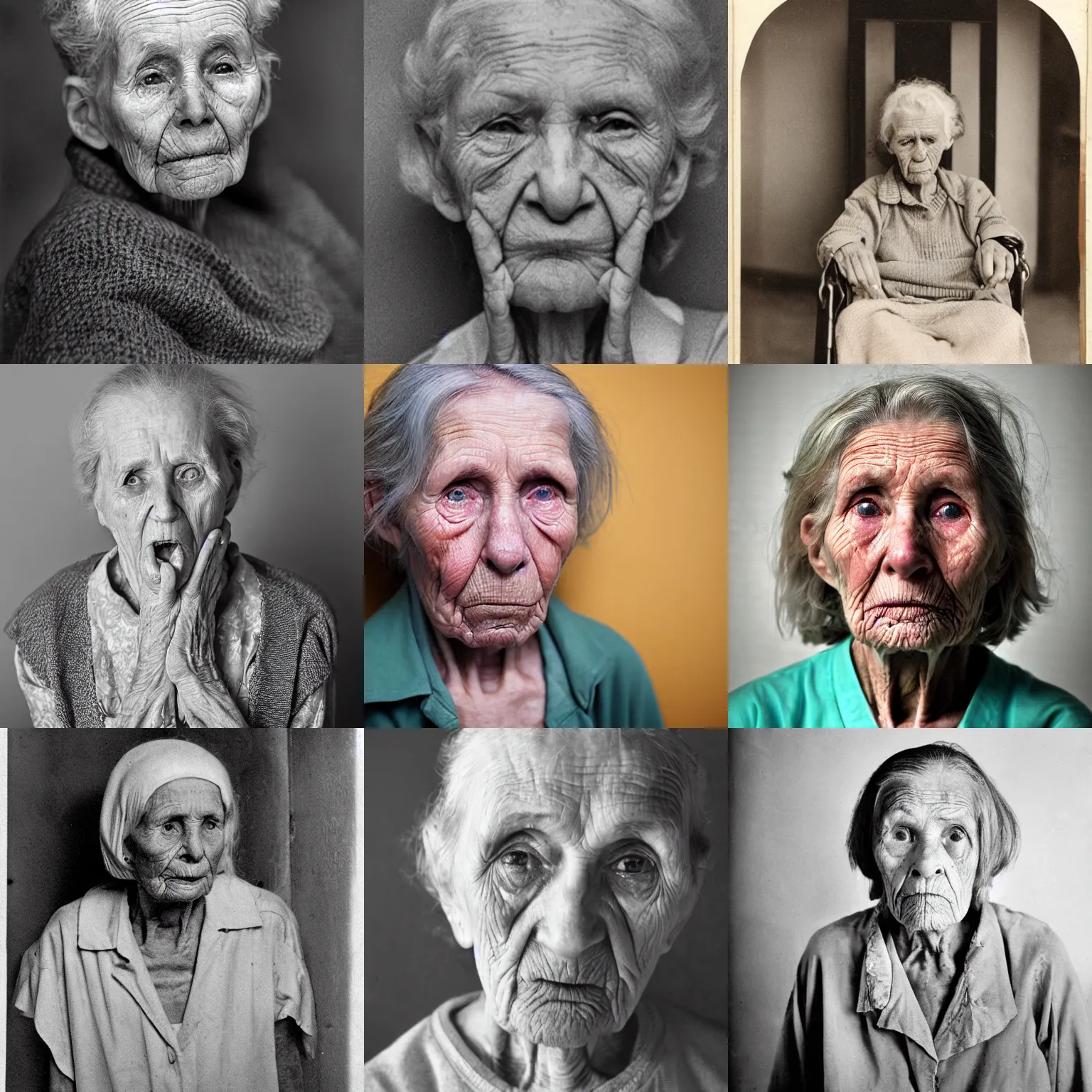 Prompt: portrait of a criminally insane elderly woman, psychology journal photograph