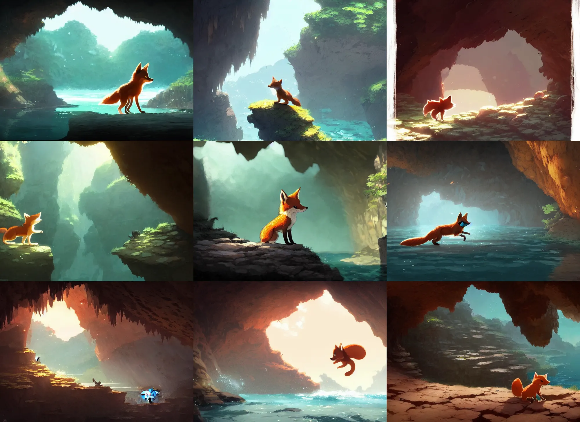 Prompt: a tiny brown fox exploring a large cave, water, by Aaron Miller, Greg Rutkowski, Makoto Shinkai, Studio Ghibli