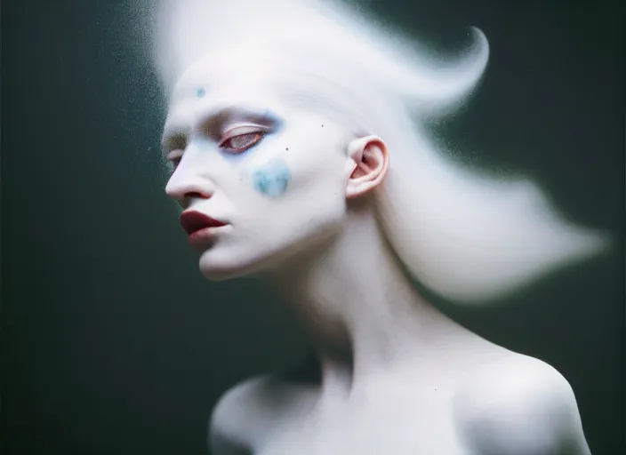 Image similar to cinestill 5 0 d photo portrait of a beautiful hybrid with woman face in style of paolo roversi by roberto ferri, weird marble body, white hair floating in air, 1 5 0 mm lens, f 1. 2, ethereal, emotionally evoking, head in focus, bokeh, volumetric lighting, matt colors outdoor