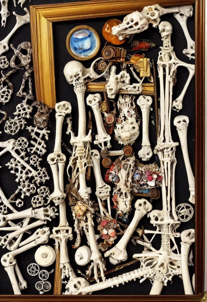 Prompt: prompt: Frame, bouget, old Victorian painting frame made out of bones, alchemical objects inspired by 1980's sci-ci, old experimentation cabinet, intricate oil painting detail, manga 1980