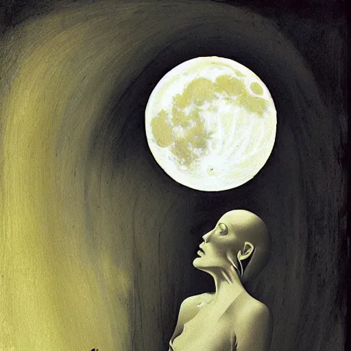 Image similar to looking at the full moon, transparent soul leaving the body, dave mckean, loischl