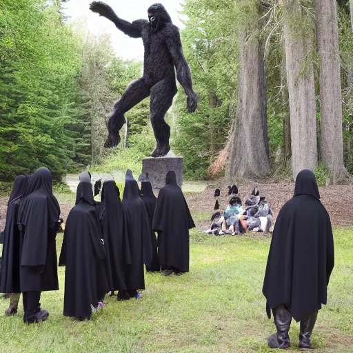 Image similar to black robed group of occultist worshipping a bigfoot statue