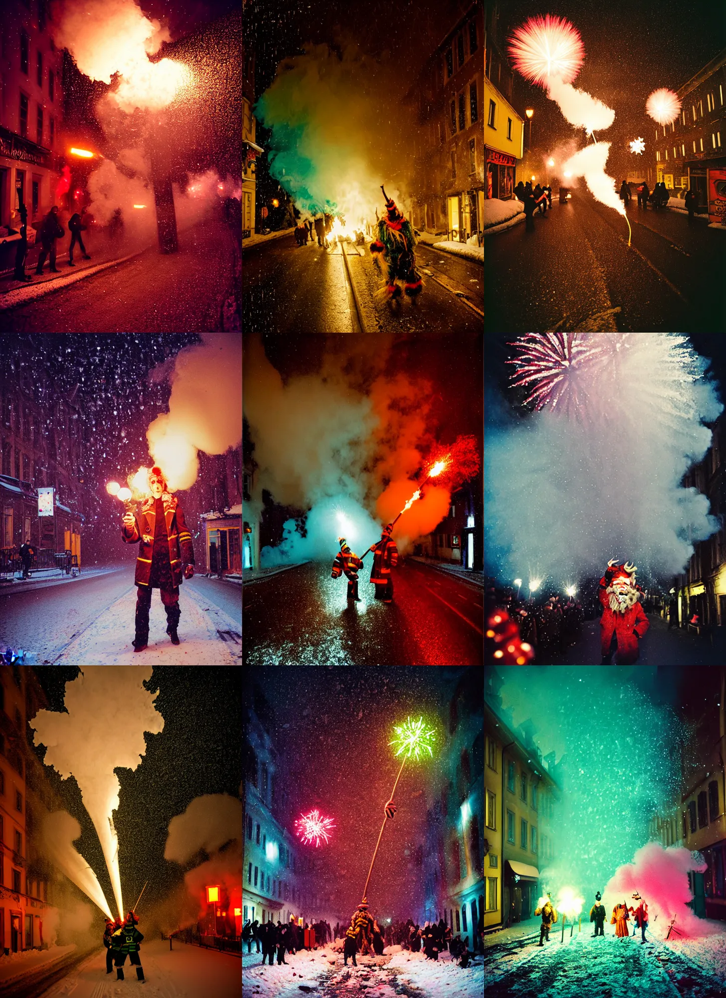 Image similar to kodak portra 4 0 0, wetplate, winter, snowflakes, rainbow coloured rockets, chaos, glitter tornados, award winning dynamic photo of a bunch of hazardous krampus between exploding fire barrels by robert capas, motion blur, in a narrow lane in salzburg at night with colourful pyro fireworks and torches, teal lights