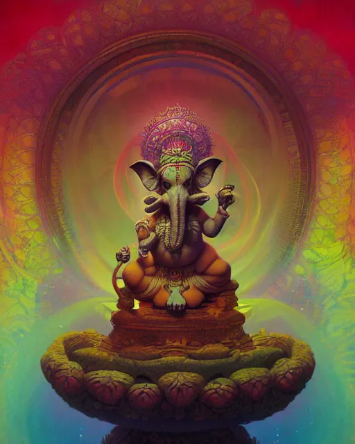 Image similar to psychedelic ganesh of the cosmos, coherent design, symmetrical, concept art, vivid color, complementary color, golden ratio, detailed, sharp lines, intricate, rainbowshift, by maxfield parrish, by peter mohrbacher, by gustave dore, by alphonse mucha, deviantart, octane render