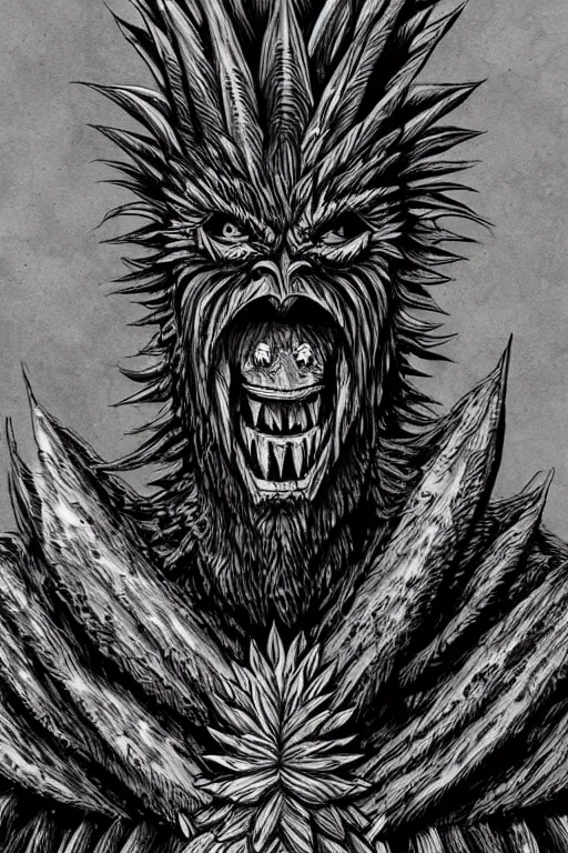 Image similar to screeching pineapple humanoid figure monster wearing themed armour, symmetrical, highly detailed, digital art, sharp focus, trending on art station, kentaro miura manga art style