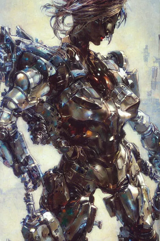 Image similar to full body girl metal armor painting by gaston bussiere, yoji shinkawa