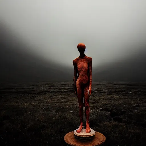 Image similar to A beautiful sculpture of a small figure standing in the center of a dark, foreboding landscape. The figure is surrounded by strange, monstrous creatures, and there is a feeling of unease and dread. Gucci, liminal space by Elizabeth Gadd monumental