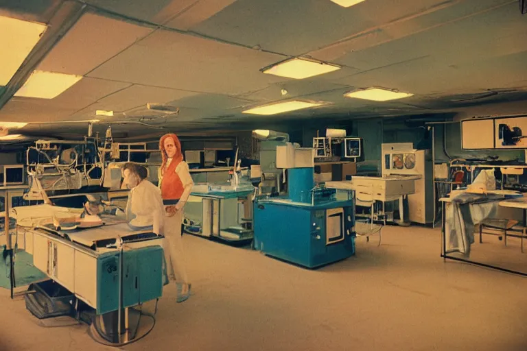 Image similar to AOC inside of a 1970s science lab, neon lights, dirty, ektachrome photograph, volumetric lighting, f8 aperture, cinematic Eastman 5384 film