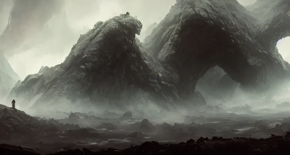 Prompt: a giant shapeless eldritch horror crawling across a misty mountainous landscape, dramatic lighting, illustration by greg rutkowski, yoji shinkawa, 4 k, digital art, concept art, trending on artstation