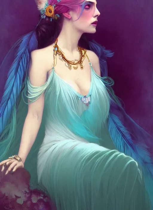 Prompt: ombre velvet gown, cyan, feathers, lovely bohemian princess, portrait, long white hair, tiara, dozens of jeweled necklaces, feral languid woman, by greg rutkowski, brom, anato finnstark, alphonse mucha