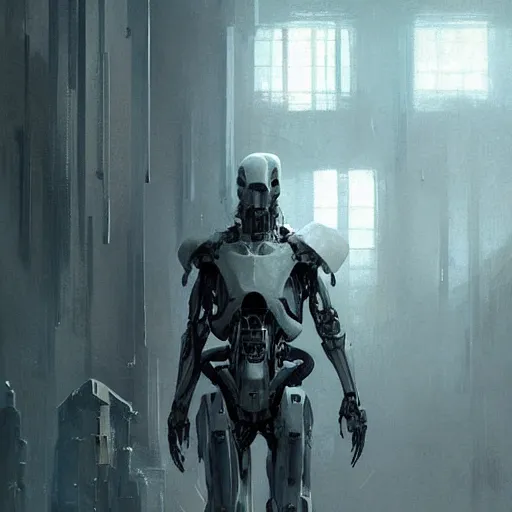 Image similar to concept art by greg rutkowski, a very tall and slender cyborg, standing in front of a large rectangular looking space, high tech and futuristic white walled environment, unnatural lighting, uncanny atmosphere, frightening and creepy atmosphere, scifi, highly detailed portrait, digital painting, artstation, concept art, smooth, sharp foccus ilustration, artstation hq