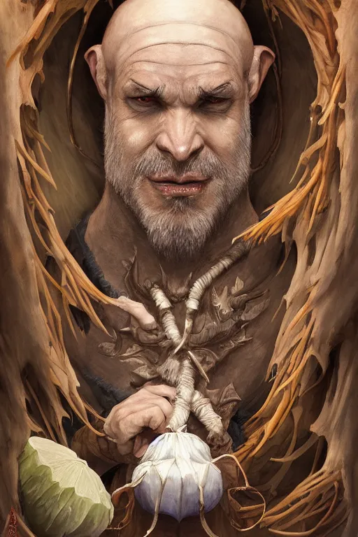 Image similar to portrait of the bitter melon wererat sorcerer wearing bamboo tusk by artgerm and Craig Mullins, James Jean, Andrey Ryabovichev, Mark Simonetti and Peter Morbacher 16k