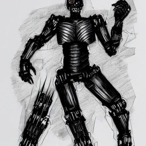 Prompt: a scary horror themed cyborg, drawn with charcoal and pen and ink, half-tone-line-stacking