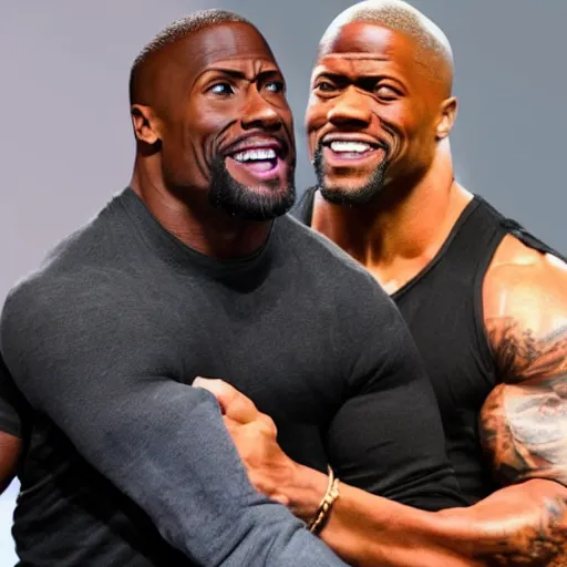 Prompt: ahighly detect photo of Dwayne Johnson holding Kevin Hart up by the neck