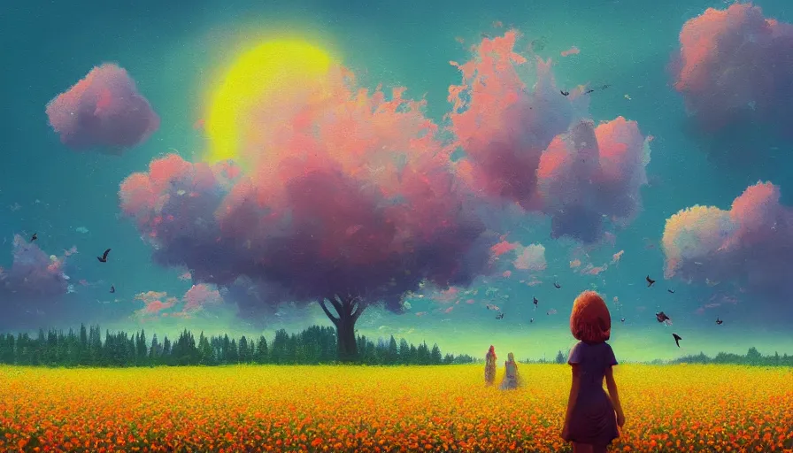 Image similar to girl with a flower face, surreal photography, dream, standing in flower field, hills, big trees, sunrise dramatic light, impressionist painting, colorful clouds and birds in sky, digital painting, pointillism, artstation, simon stalenhag