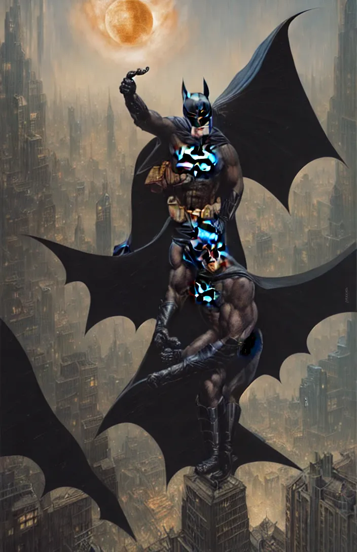 Image similar to batman standing over gotham city by karol bak, james jean, tom bagshaw, rococo, sharp focus, trending on artstation, cinematic lighting, hyper realism, octane render, 8 k, hyper detailed, vivid, ultra detailed, highly detailed